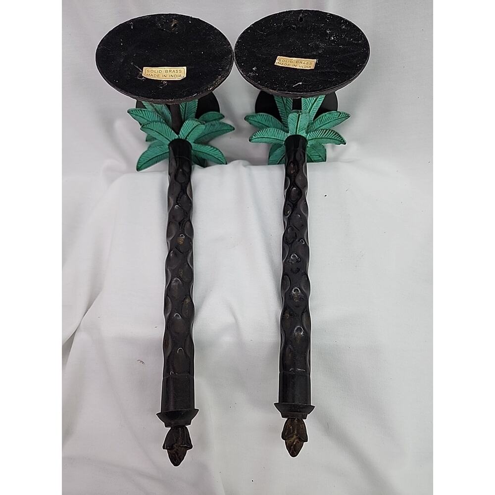 Wall Candle Sconces Pair Of 2 Brass Palm Trees Made In India 13" Good Condition - Picture 9 of 15